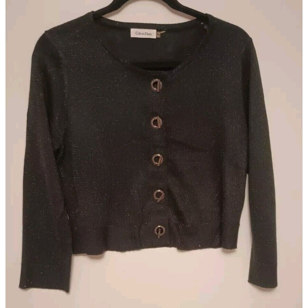Calvin Klein Cropped Cardigan Medium Black Sparkly Silver Toggle Closure